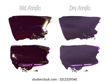 Vector violet paint smear stroke stain set. Abstract wet and dry acrylic textured art illustration. Acrylic Texture Paint Stain Illustration. Hand drawn brush strokes vector elements. Acrilyc strokes.