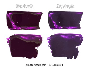 Vector violet paint smear stroke stain set. Abstract wet and dry acrylic textured art illustration. Acrylic Texture Paint Stain Illustration. Hand drawn brush strokes vector elements. Acrilyc strokes.