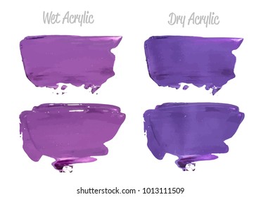 Vector violet paint smear stroke stain set. Abstract wet and dry acrylic textured art illustration. Color of 2018 year. Hand drawn brush strokes vector elements. Acrilyc strokes. Acrylic texture.