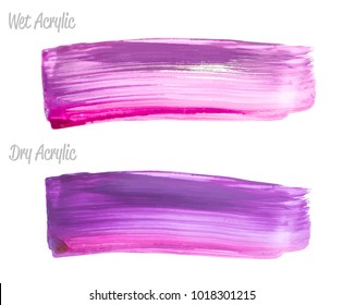 Vector violet paint smear stroke stain set. Abstract wet and dry acrylic textured art illustration. Acrylic Texture Paint Stain Illustration. Hand drawn brush strokes vector elements. Acrilyc strokes.