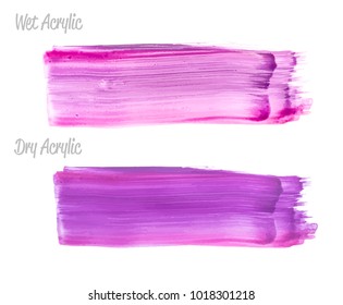 Vector violet paint smear stroke stain set. Abstract wet and dry acrylic textured art illustration. Acrylic Texture Paint Stain Illustration. Hand drawn brush strokes vector elements. Acrilyc strokes.