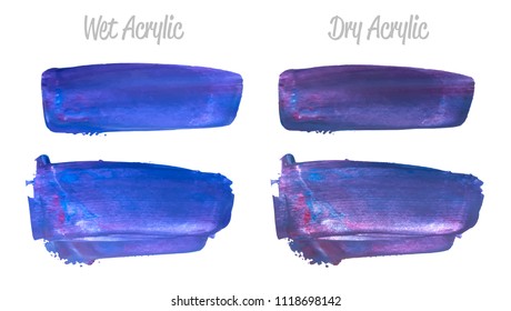 Vector violet paint smear stroke stain set. Abstract wet and dry acrylic textured art illustration. Acrylic Texture Paint Stain Illustration. Hand drawn brush strokes vector elements. Acrilyc strokes.