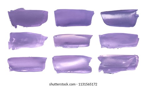 Vector violet paint smear stroke stain set. Abstract wet and dry acrylic textured art illustration. Acrylic Texture Paint Stain Illustration. Hand drawn brush strokes vector elements. Acrilyc strokes.