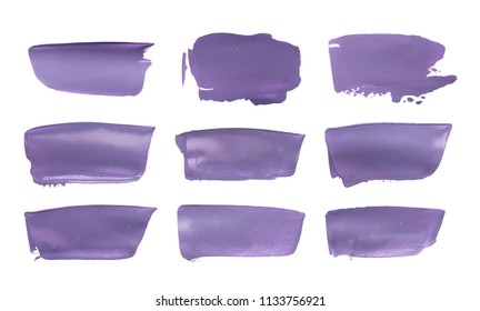 Vector violet paint smear stroke stain set. Abstract wet and dry acrylic textured art illustration. Acrylic Texture Paint Stain Illustration. Hand drawn brush strokes vector elements. Acrilyc strokes.