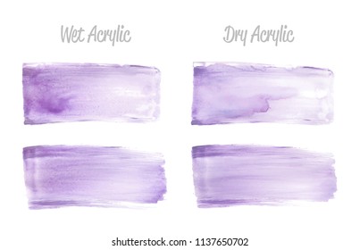 Vector violet paint smear stroke stain set. Abstract wet and dry acrylic textured art illustration. Acrylic Texture Paint Stain Illustration. Hand drawn brush strokes vector elements. Acrilyc strokes.