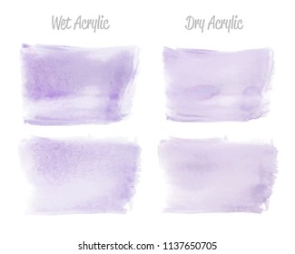 Vector violet paint smear stroke stain set. Abstract wet and dry acrylic textured art illustration. Acrylic Texture Paint Stain Illustration. Hand drawn brush strokes vector elements. Acrilyc strokes.