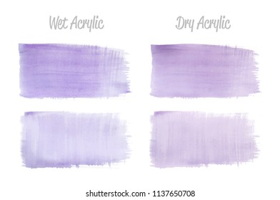 Vector violet paint smear stroke stain set. Abstract wet and dry acrylic textured art illustration. Acrylic Texture Paint Stain Illustration. Hand drawn brush strokes vector elements. Acrilyc strokes.