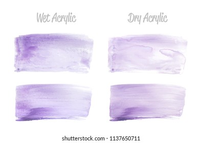 Vector violet paint smear stroke stain set. Abstract wet and dry acrylic textured art illustration. Acrylic Texture Paint Stain Illustration. Hand drawn brush strokes vector elements. Acrilyc strokes.