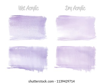 Vector violet paint smear stroke stain set. Abstract wet and dry acrylic textured art illustration. Acrylic Texture Paint Stain Illustration. Hand drawn brush strokes vector elements. Acrilyc strokes.