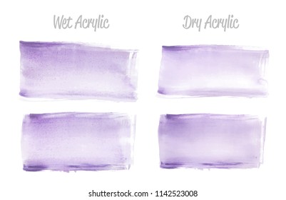 Vector violet paint smear stroke stain set. Abstract wet and dry acrylic textured art illustration. Acrylic Texture Paint Stain Illustration. Hand drawn brush strokes vector elements. Acrilyc strokes.