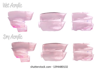 Vector violet paint smear stroke stain set. Abstract wet and dry acrylic textured art illustration. Acrylic Texture Paint Stain Illustration. Hand drawn brush strokes vector elements. Acrilyc strokes.