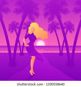 Vector violet   pink flat poster and beautiful blond girl in dress standing the sunset Beach and palm trees  Text Summertime 