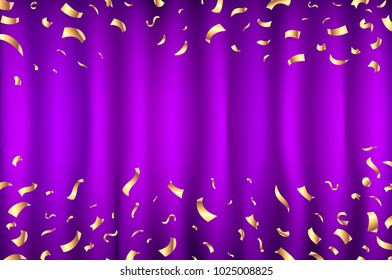 vector violet purple Curtain gold Confetti Greeting Card, background with Free Space. Luxury, Glamour Design with Shine Sparkles art