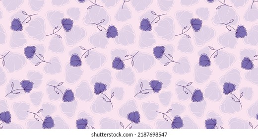 Vector violet purple hand drawn flowers ditsy on floral texture pink seamless pattern background. Great for fashion allover fabric print, textile, packaging and more