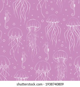 Vector violet purple jellyfish seahorse texture background seamless pattern print