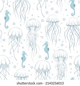 Vector violet purple jellyfish seahorse texture background seamless pattern print