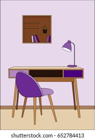 Vector violet room, chair, table, lamp, bookshelf