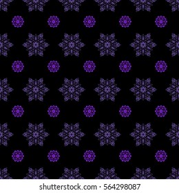 Vector violet snowflakes on black background. Abstract minimal seamless pattern background.