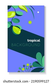 Vector violet summer background with space for text. Trendy editable template, banner, poster, cover design with tropical leaves and plants in minimal flat style