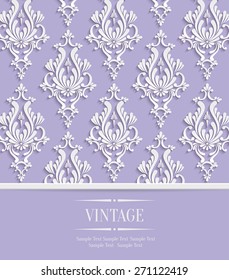 Vector Violet Vintage Wedding or Invitation Background with 3d Floral Damask Pattern