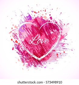 Vector violet watercolor heart background. Valentine's day. Colorful abstract texture. Grunge shape heart.