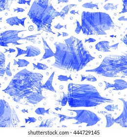 Vector violet watercolor seamless fish pattern. Various bright sea fishes on white background. Boundless background can be used for web page backgrounds, wallpapers, wrapping papers and invitations.