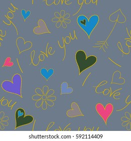 Vector violet, yellow and blue hearts, chamomile flower and I love you text seamless pattern. Multicolor seamless pattern.