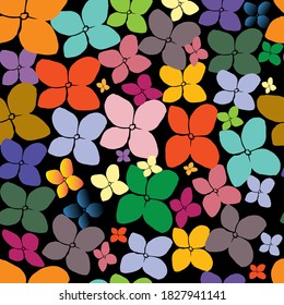 Vector violets of different colors, blue, yellow, red, green, purple on a black background. Flower color swatch. For printing on textiles, clothing, wrapping paper.