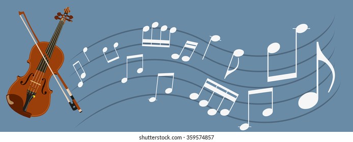 vector violin and bow brown on a blue background with white music notes on blue stave