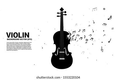 Vector violin with music melody note dancing flow. Concept background for song and concert theme.