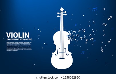 Vector violin with music melody note dancing flow. Concept background for song and concert theme.