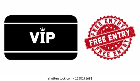 Vector VIP access card icon and corroded round stamp seal with Free Entry phrase. Flat VIP access card icon is isolated on a white background. Free Entry stamp seal uses red color and grunged surface.