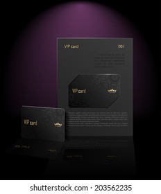 Vector vip card presentation (black). VIP membership or discount card. Luxury club ticket. Elite black coupon. Vip card with golden element