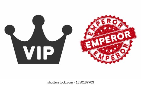Vector VIP crown icon and grunge round stamp seal with Emperor caption. Flat VIP crown icon is isolated on a white background. Emperor stamp seal uses red color and grunged surface.