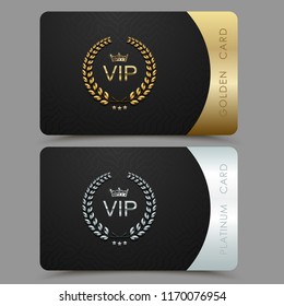 Vector VIP golden and platinum card. Black geometric pattern background with crown laurel wreath. Luxury design for vip member.