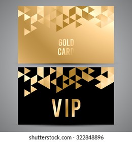 Vector VIP premium invitation cards. Black and golden design. Triangle decorative patterns.