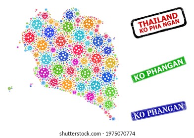 Vector viral collage Ko Pha Ngan map, and grunge Ko Phangan seals. Vector colored Ko Pha Ngan map collage, and Ko Phangan corroded framed rectangle seal imitations.