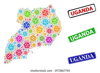 Vector viral collage Uganda map, and grunge Uganda badges. Vector colored Uganda map collage, and Uganda rubber framed rectangle stamp seals.