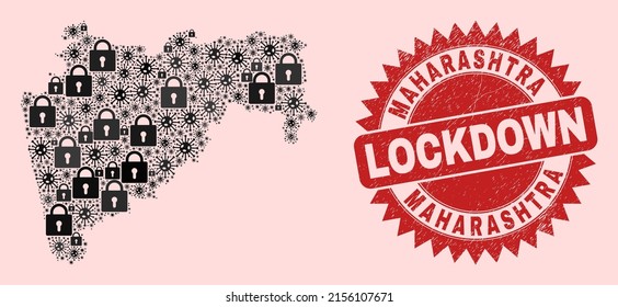 Vector Viral Sperrung Collage Maharashtra State Karte und schmutzigen Siegel. Die roten Stempelverschlüsse werden mit scharfem Rosette versehen. Collage Maharashtra State Karte ist aus Covid gebaut, und Schloss-Symbole.