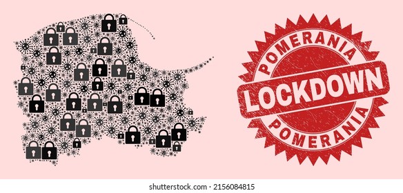 Vector Viral lockdown collage Pomeranian Voivodeship map and rubber seal. Lockdown red seal uses sharp rosette form. Collage Pomeranian Voivodeship map is made from covid- 2019 virus,