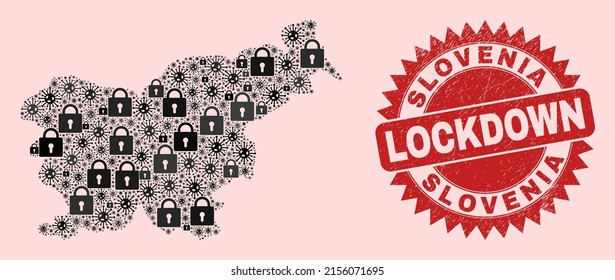 Vektor Viral Sperrung Collage Slowenien Karte und Gummi Stempel Imitation. Rot absperrbare Stempel verwenden scharfe Rosette-Form. Collage Slowenien Karte besteht aus Viren und gesperrt Artikel.