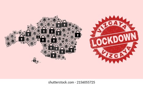 Vector Viral lockdown collage Vizcaya Province map and corroded stamp. Lockdown red stamp seal uses sharp rosette shape. Collage Vizcaya Province map is done of viral, and locked items.