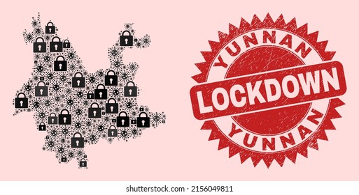 Vector Viral lockdown collage Yunnan Province map and textured stamp seal. Lockdown red watermark uses sharp rosette shape. Collage Yunnan Province map is composed with Covid-2019, and locked icons.