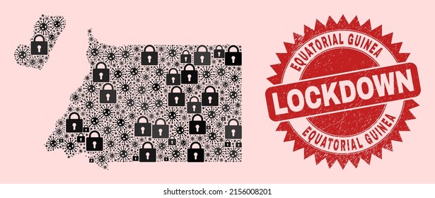 Vector Viral lockdown combination Equatorial Guinea map and unclean stamp print. Lockdown red stamp seal uses sharp rosette form. Collage Equatorial Guinea map is designed with viral,