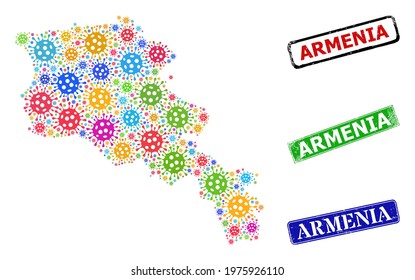 Vector viral mosaic Armenia map, and grunge Armenia seals. Vector colorful Armenia map mosaic, and Armenia rubber framed rectangle stamps.