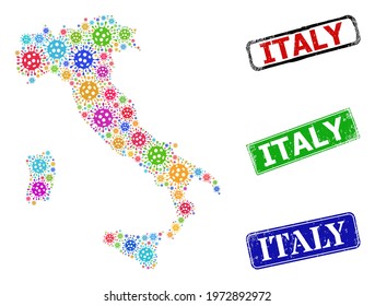 Vector viral mosaic Italy map, and grunge Italy seal stamps. Vector multi-colored Italy map mosaic, and Italy scratched framed rectangle stamps.