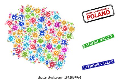 Vector viral mosaic Kuyavian-Pomeranian Voivodeship map, and grunge Latrobe Valley seal stamps. Vector multi-colored Kuyavian-Pomeranian Voivodeship map mosaic,