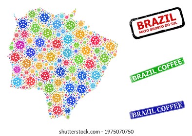 Vector viral mosaic Mato Grosso do Sul State map, and grunge Brazil Coffee seals. Vector colorful Mato Grosso do Sul State map mosaic, and Brazil Coffee corroded framed rectangle stamp seals.