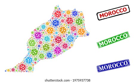 Vector viral mosaic Morocco map, and grunge Morocco seals. Vector colored Morocco map mosaic, and Morocco grunge framed rectangle stamp seals.