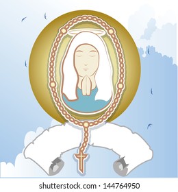 vector virgin mary praying a rosary envelope, accompanied by a label and a circle framed gold and blue with white clouds